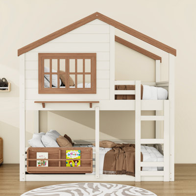 Wood House Bunk Bed With Ladder And Safety Rails