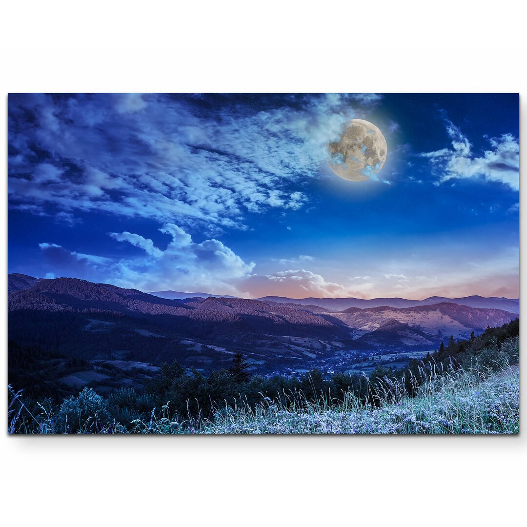 Leinwandbild Bergige Landschaft bei Vollmond