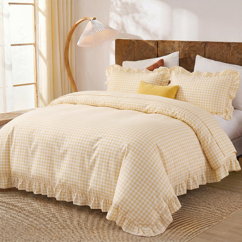 Ensemble de housse de couette en vichy jaune grand, ensemble de literie à volants 100% coton avec fermeture à glissière et attache de coin, literie en coton doux pour les filles