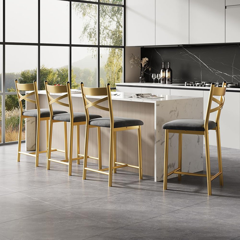 22" Counter Height Bar Stools Set of 4, PU Seat, Metal Frame, X-Back, Kitchen Island, Gold, Gray, 4, Gold