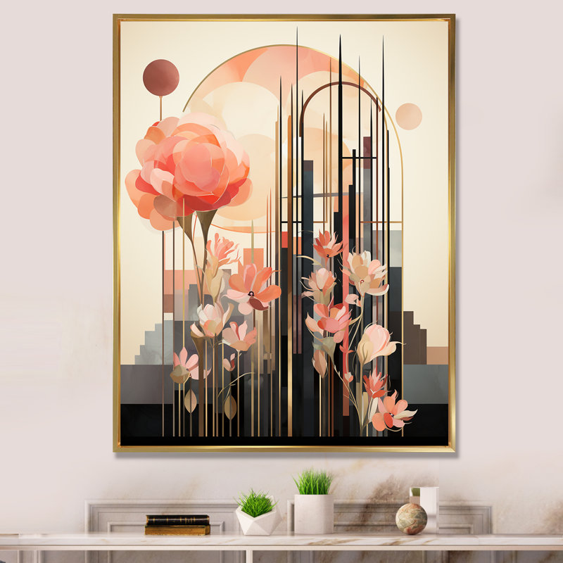«Rose rose», art nouveau sur toile, H 44 po x l 34 po x P 1,5 po, Cadre flottant doré
