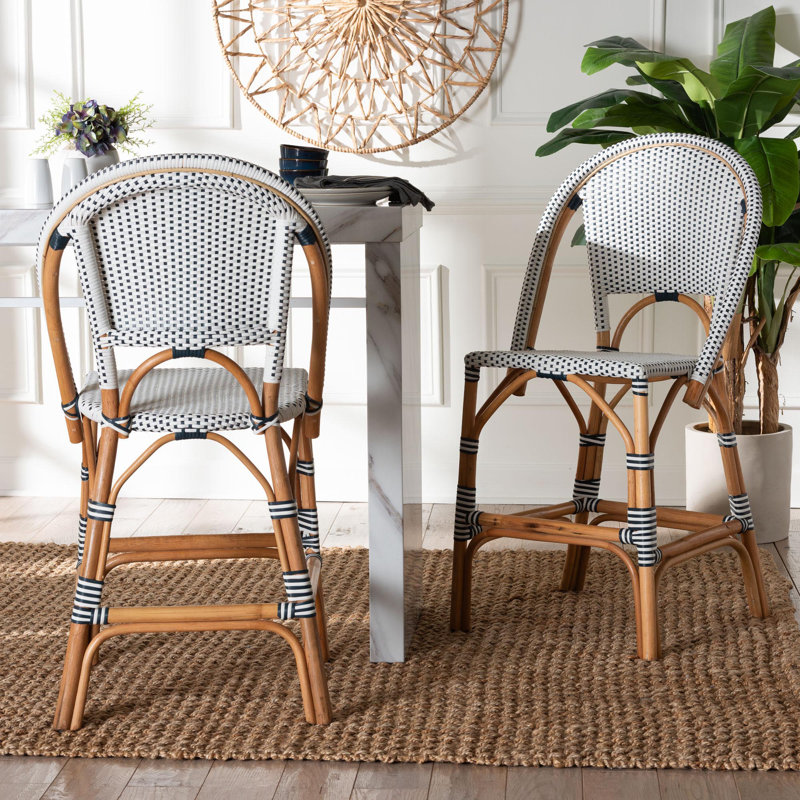 Billingslee Bali & Pari Genica Classic French Two-Tone Weaving And Natural Rattan 2-Piece Counter Stool Set, Navy/White