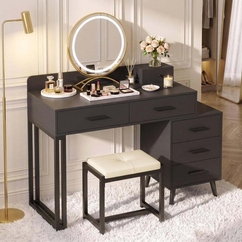 Meuble-lavabo avec miroir et tabouret Foivos, Noir