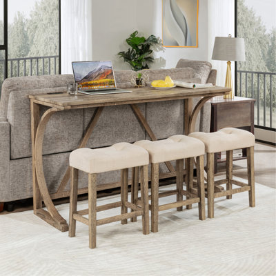 Ensemble de table de bar 4 pièces avec prise de courant, ensemble de table de bar et de chaises, ensemble de table de bar avec 3 tabourets rembourrés pour le salon, la salle à manger, la salle de jeux, brun