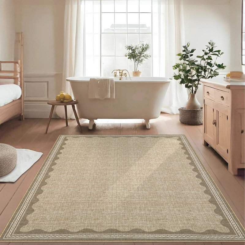 Scalloped Machine Washable Rug Modern Solid Floor Mats with Non-Slip Backing, Stain-Resistant Low Pile Accent Rug, Contemporary Indoor Carpet for Living Room, Bedroom, Office