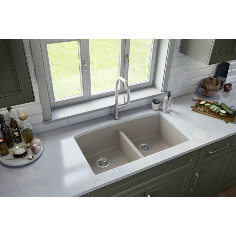 Karran Undermount Quartz Composite 32-1/2'' X 19-1/2'' 50/50 Double Bowl Kitchen Sink, Concrete