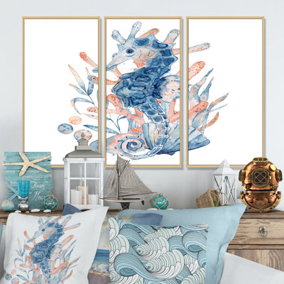 Hippocampe en bleu avec composition florale - ensemble d'art mural sur toile encadré nautique et côtier