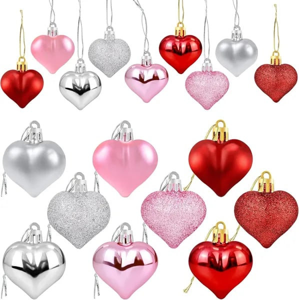 36 pièces décorations en forme de cœur pour la Saint-Valentin - décorations pour le cœur de la Saint-Valentin - babioles en forme de cœur scintillant rouge, rose et argenté - décorations de Noël romantiques pour suspendre un arbre
