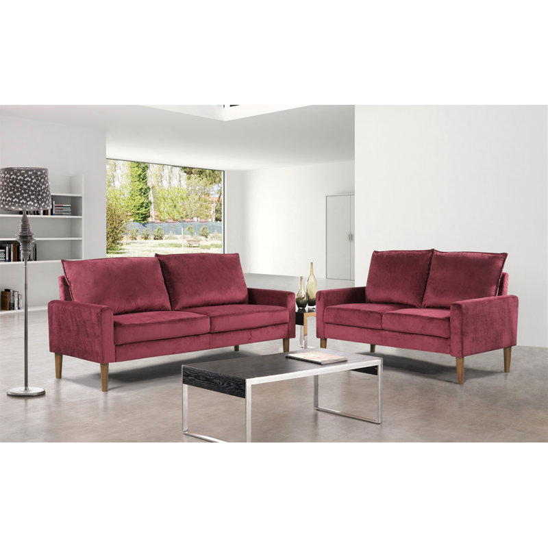 Ediline Velvet Square Arm Sofa, Burgundy Velvet, 29.5"H x 70"W x 31"D 