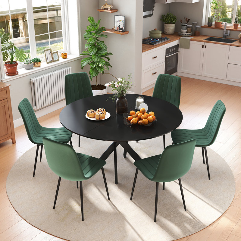 47in Round Dining Table Set, 7, Green, Black