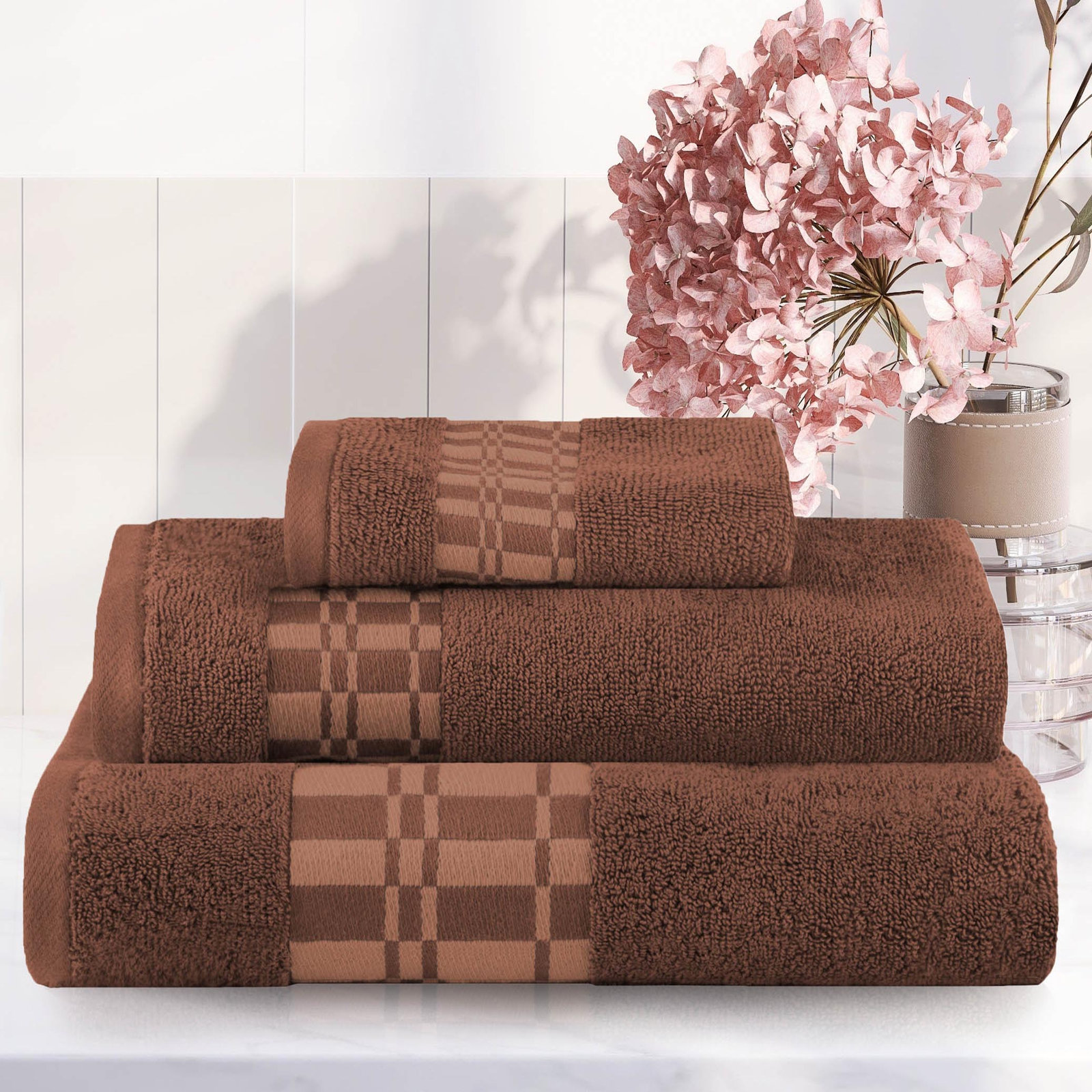 Davis 3-Piece Geometric Cotton Towel Set, Chocolate