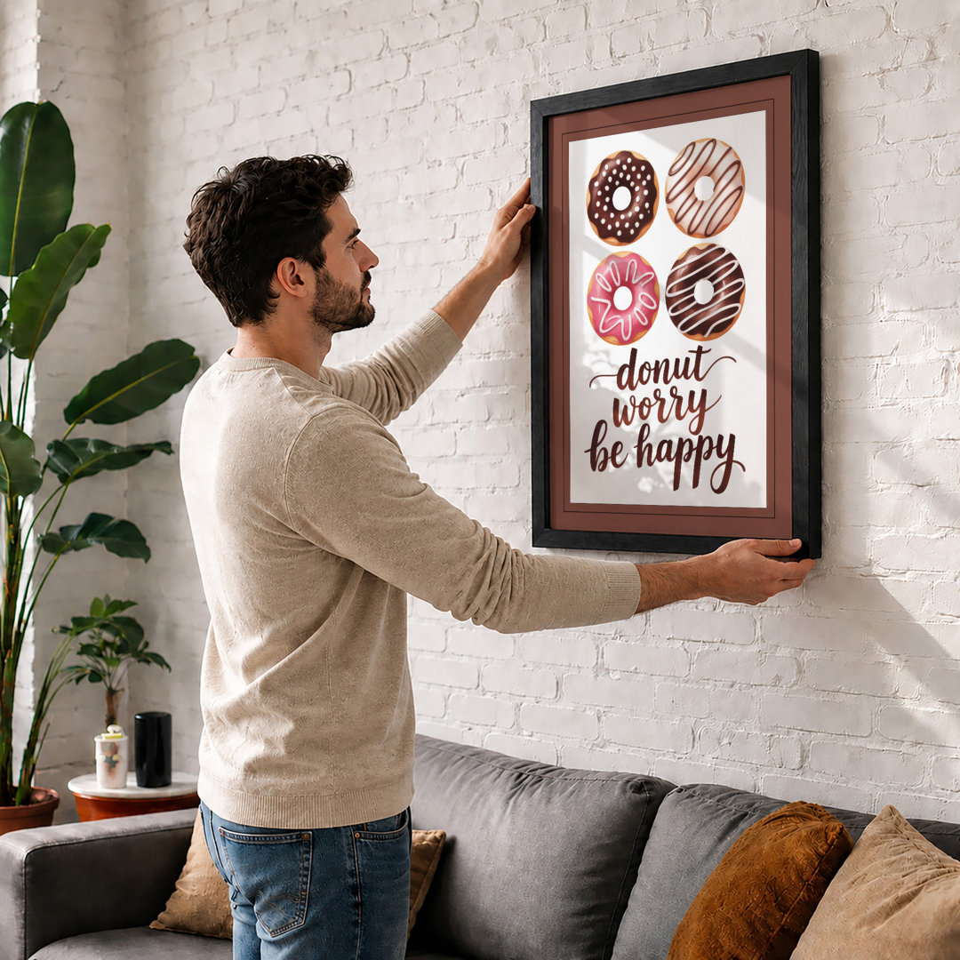 Donut Worry Be Happy Typography - Framed Print