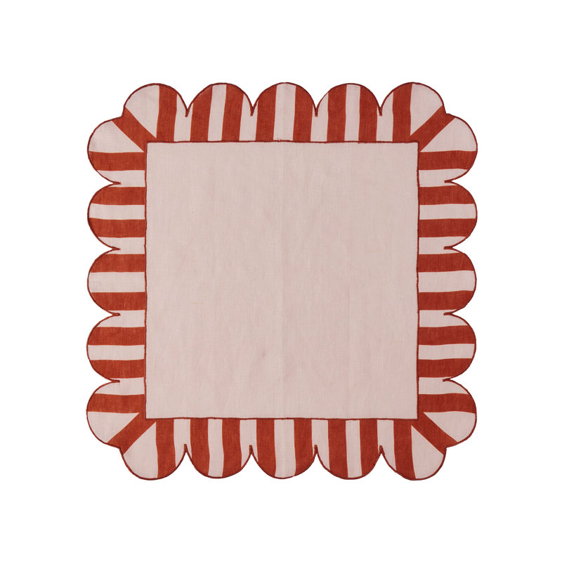 Jardin Embroidered Linen Scalloped Stripe Napkins, Red