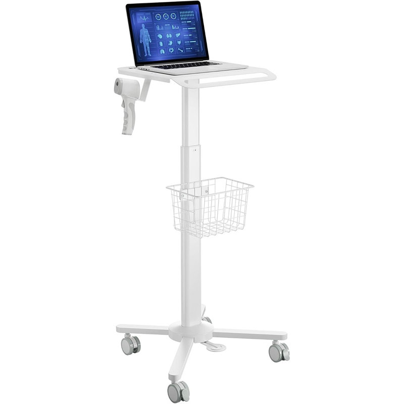 Chariot médical roulant réglable pour ordinateur portable avec panier de rangement, support de scanner et roues verrouillables