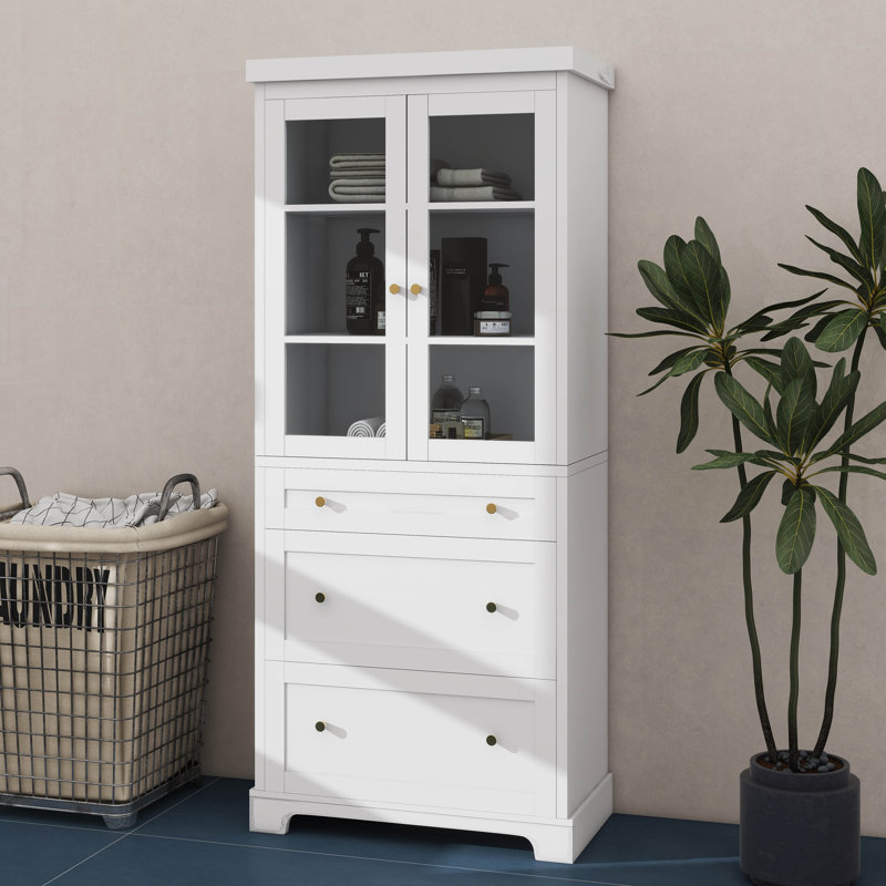 70.1 Inch Contemporary Tall Freestanding Bathroom Cabinet With 3 Drawers And Soft-Close Glass Doors, White