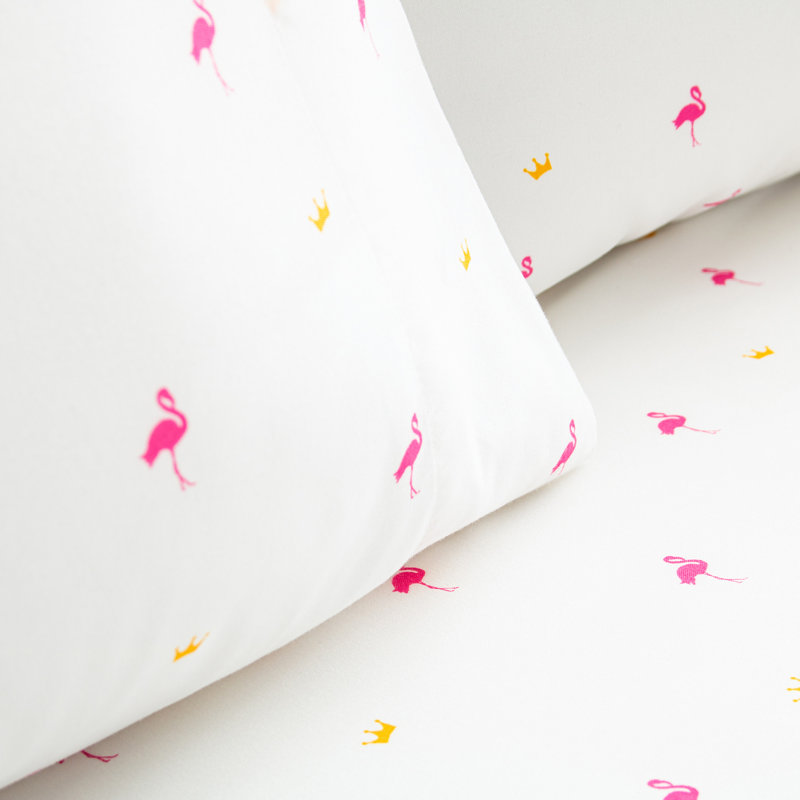 White Full Microfiber Flamingo Print Kids Sheet Set