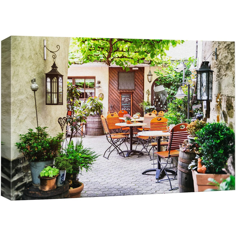 Architecture, bâtiment, café européen, terrasse, terrasse, nourriture, paysage urbain sur toile, H 24 po x l 36 po x P 1,5 po