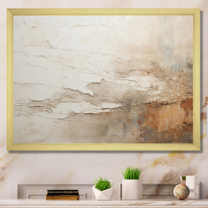 Beige And Brown Paint Fusion - Abstract Painting Canvas Wall Art, 30" H x 40" W, Single Picture Framed, Gold