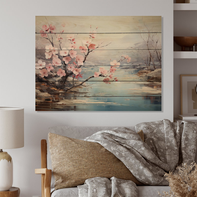 Fleurs de cerisier du Japon, sérénité I sur bois, H 24 po x l 32 po x P 0,78 po