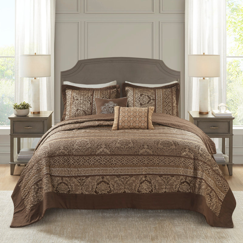 Ensemble de couvre-lit réversible en jacquard majestueux brun / doré 5 pièces Majestic