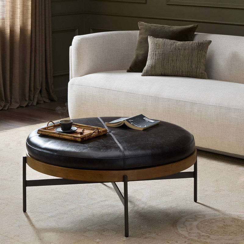 Edwyn 39" Wide Genuine Leather Tufted Round Standard Ottoman