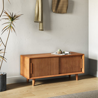 39.4" Wooden Storage Bench With Storage Sliding Doors Natural Pine Wood