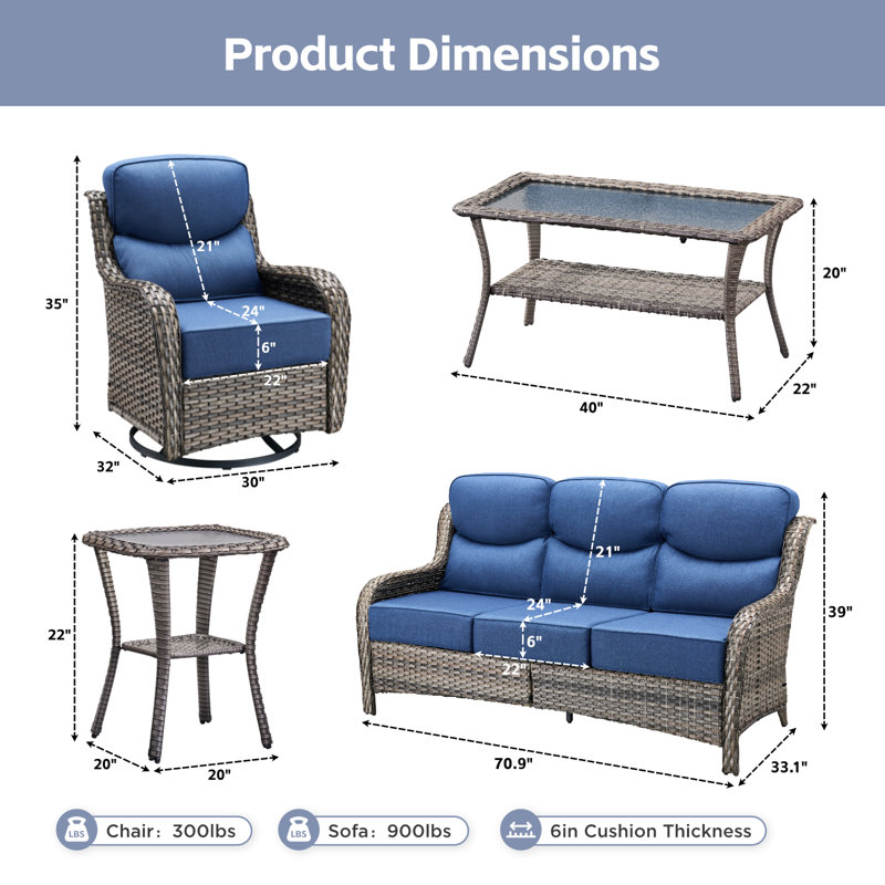Ensemble 5 pièces de canapé de patio et de chaises pivotantes en osier avec table basse, Bleu, Grey