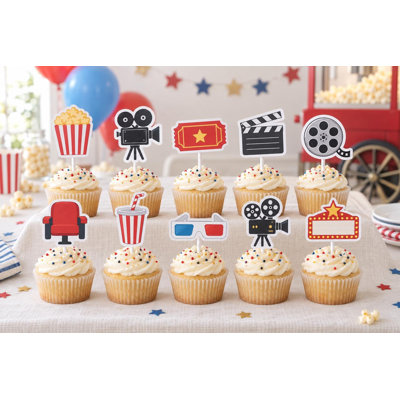 Popcorn Film Night Cupcake Toppers, 10 designs de cinéma différents, décorations d'anniversaire en papier cartonné