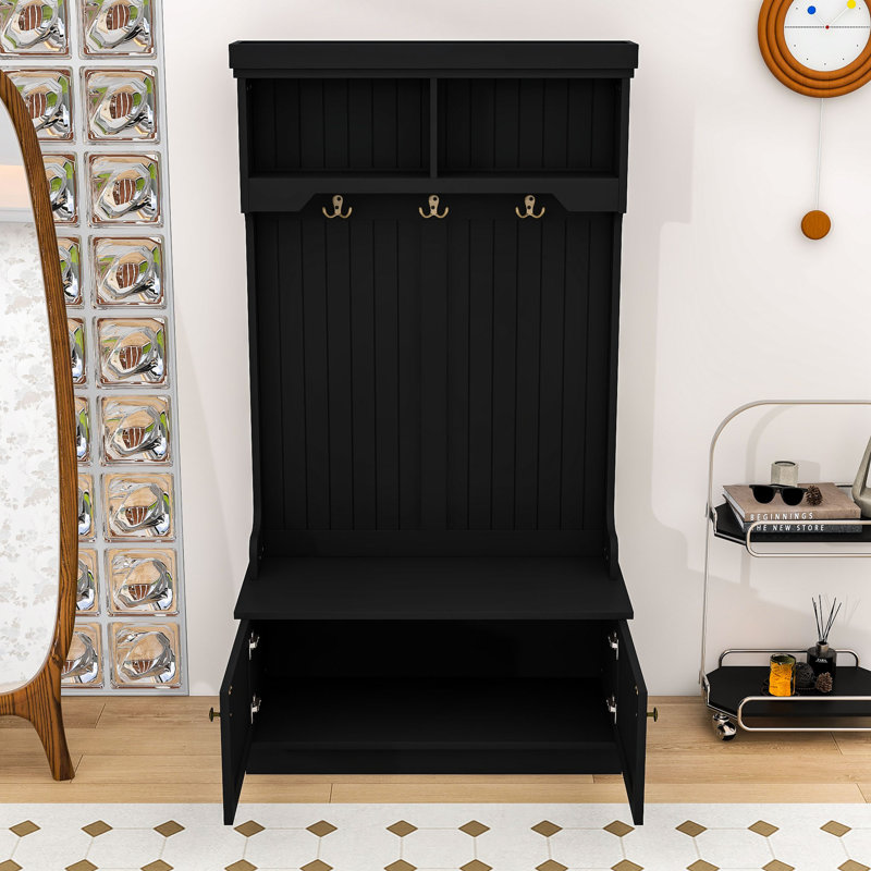 Arbre d'entrée en bois avec banc à chaussures, armoire, crochets et tablettes supérieures, Blanc