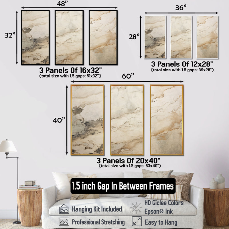 Beige et blanc - Marble River - ensemble d'art mural en toile marbrée, Cadre flottant noir, H 40 po x l 60 po x P 1 po