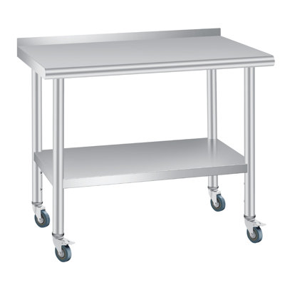 48 x 24 Inch Stainless Steel Prep Table Heavy Duty Commercial Work Table with 4 Caster Wheels Adjustable Undershelf and Rounded Corners Metal Kitchen Workbench for Restaurant Garage Outdoor