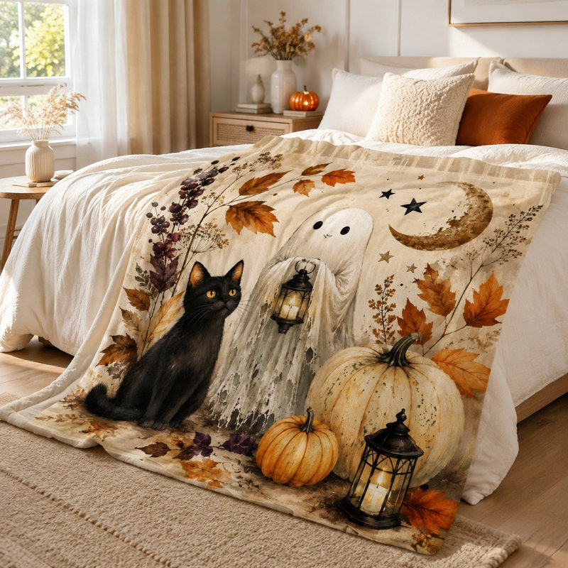 Jeté en peluche à motif de citrouille fantôme d'Halloween chat noir, Simple (l 60 po x L 80 po)