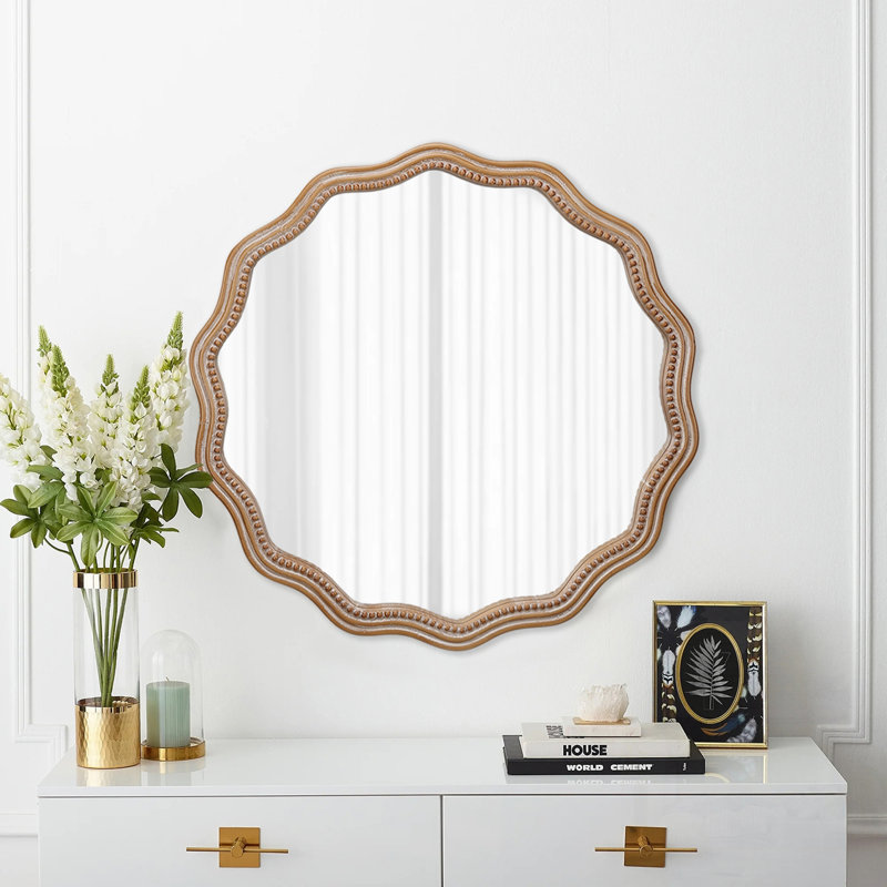 Miroir mural rond ondulé, grand miroir décoratif circulaire encadré en bois pour décor de maison de campagne moderne