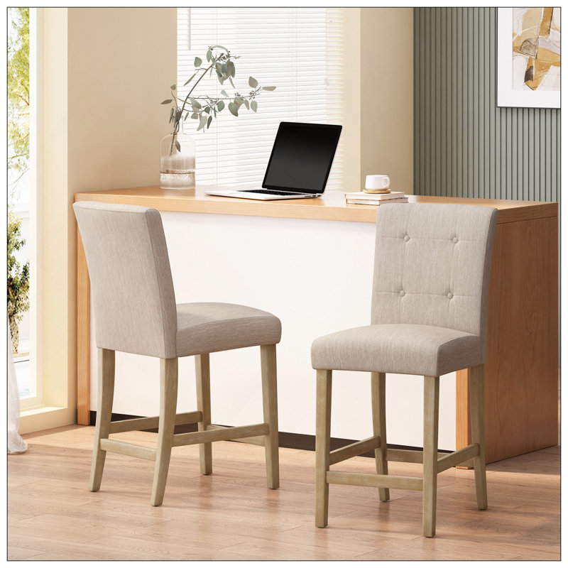 Ensemble de 2 tabourets de comptoir capitonnés contemporains en tissu, boutons, 26 po, beige, Beige, Brun