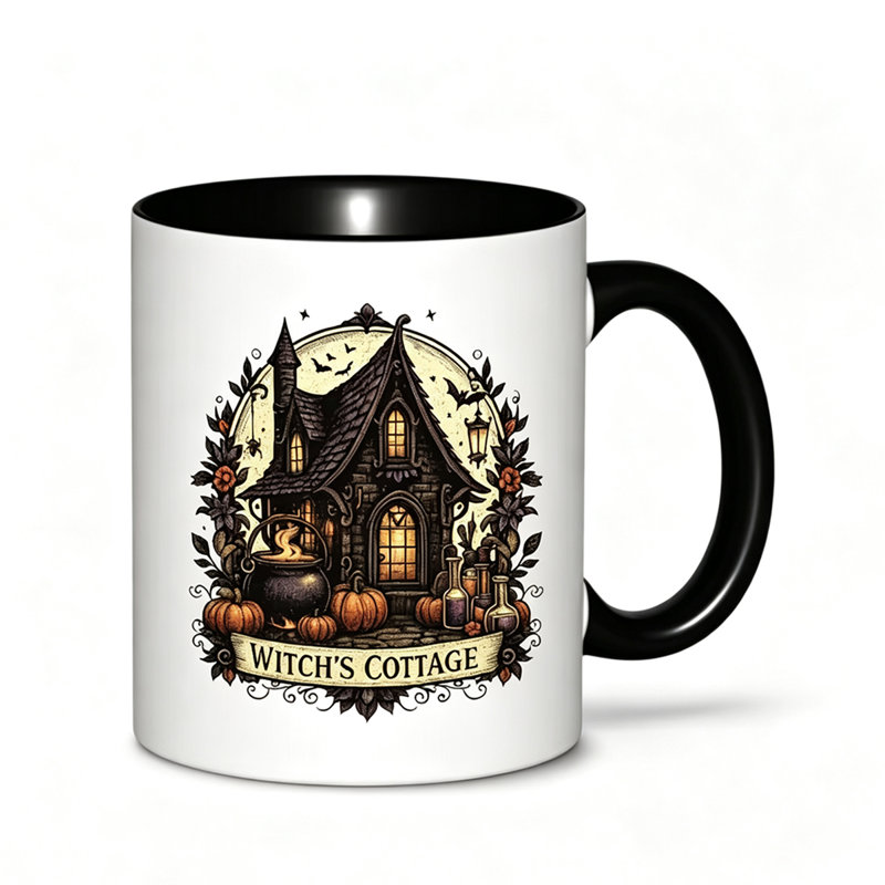 A Ceramic Coffee Mug Featuring a WITCH'S COTTAGE , Perfect for Enjoying Tea, Milk, Or Water.