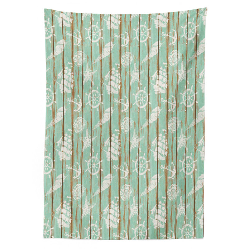 Ships Wheel Tablecloth, Old Boards Ship Deck Pattern Painted By Anchor Wheel Seashell Starfish Sailboat, Rectangular Table Cover For Dining Room Kitchen Decor, 52" X 70", Mint Green