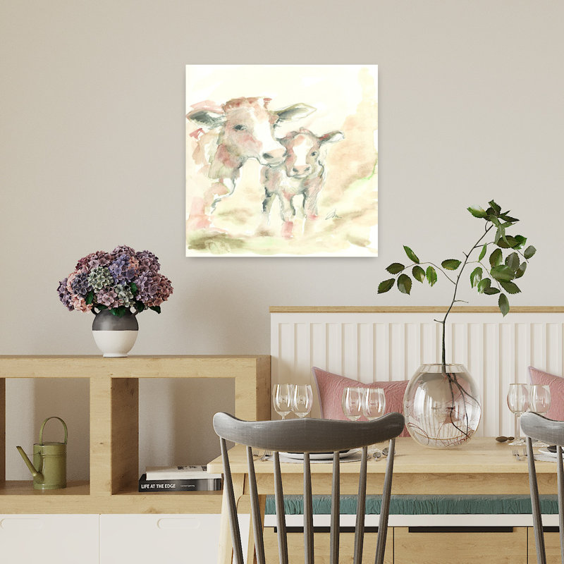 Vache et veau, art abstrait contemporain, H 18 po x l 18 po