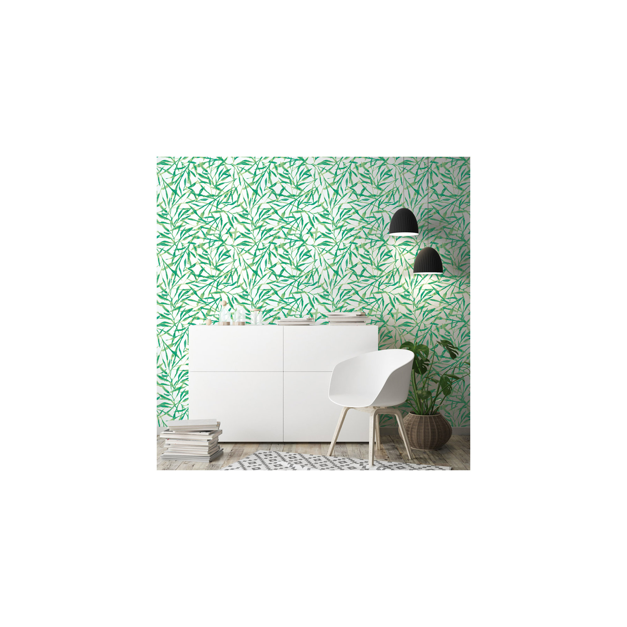 Watercolor Leaves Peel and Stick Wallpaper, Green/White