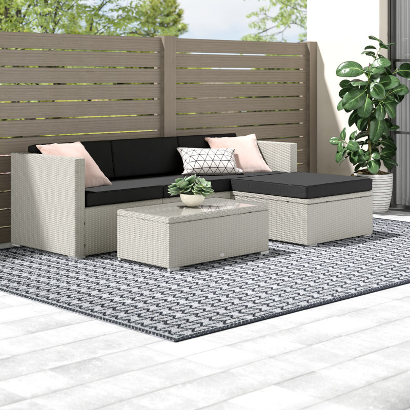 Felicity Rattan 3 - Sofa Set with Cushions, Black/Grey
