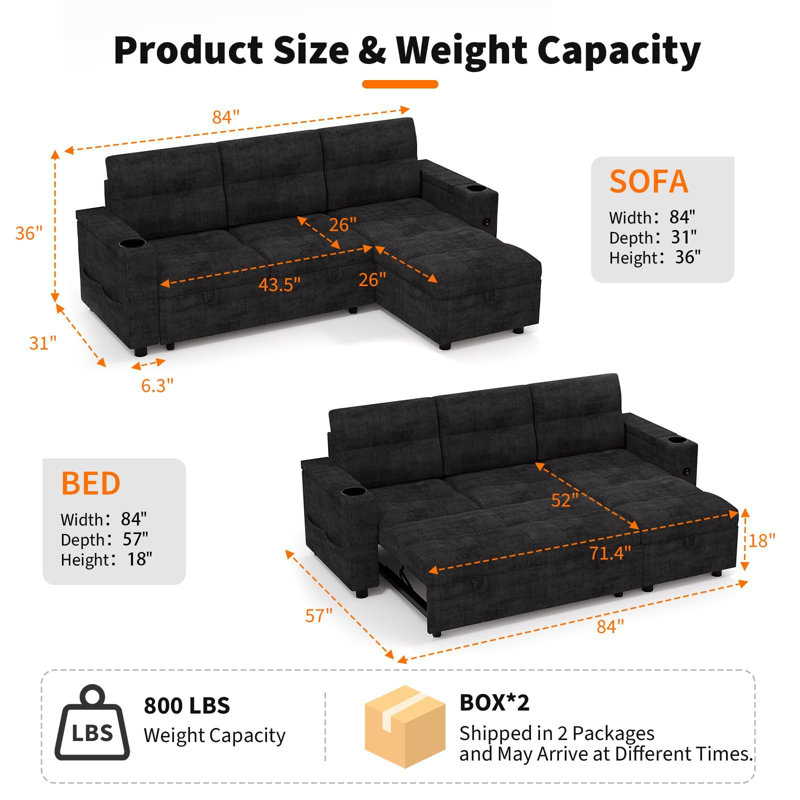 Couches pour le salon, canapé-lit de 84 po, canapé-lit modulaire en L avec lit escamotable, chaînes de rangement réversibles, accoudoirs de rangement dissimulés, porte-gobelets et ports de chargement USB