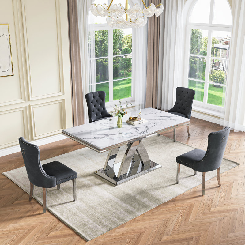 70.08" Modern Faux Marble Dining Table Set With Double X Base, Black/Silver, Silver, 5 Pieces: Table, 4 Chairs