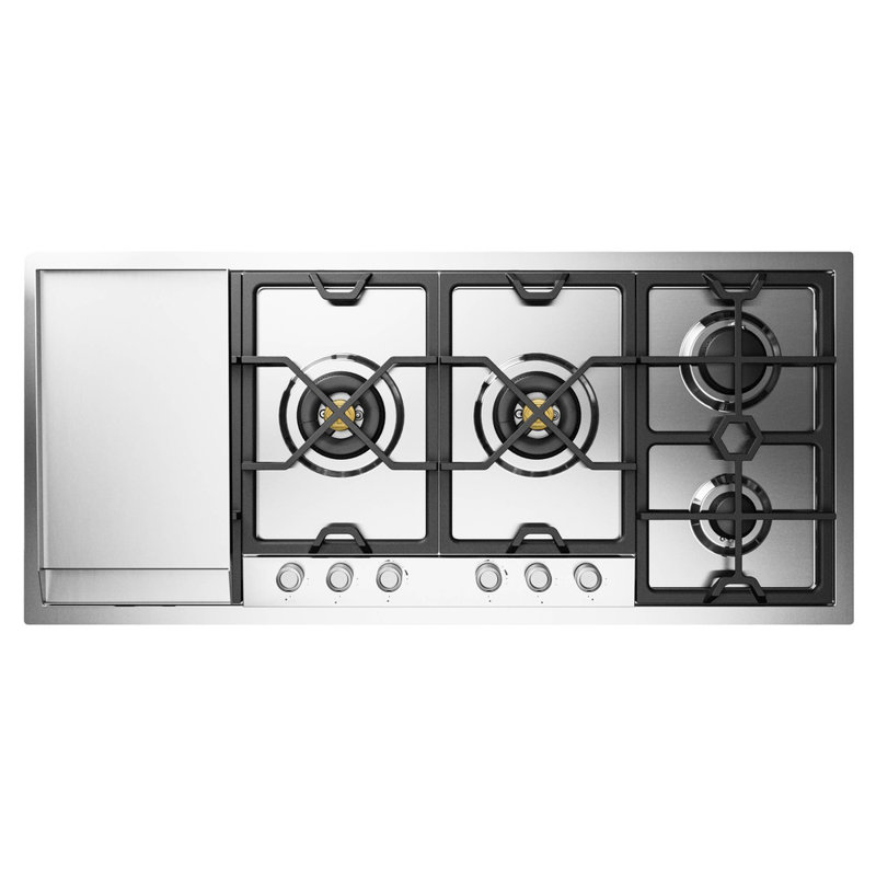 ILVE Panoramagic 48 inch Built-In Gas Cooktop with Total Black Brass Burners, in Stainless Steel (6 Sealed Burners + Left Griddle)