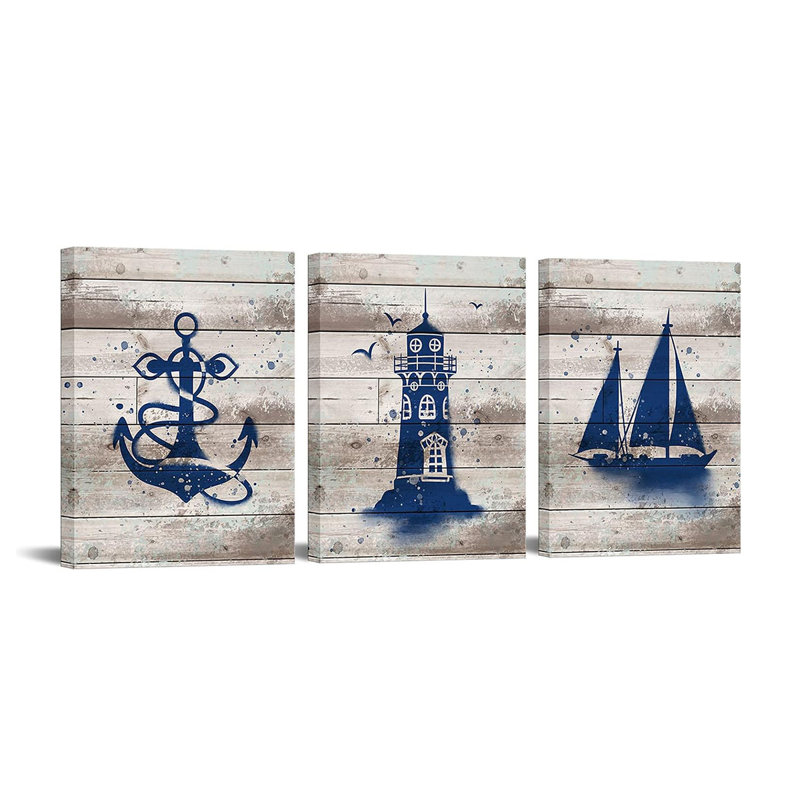 3 Piece Nautical Wall Art Sailboat Lighthouse Anchor Painting Picture Navy Blue Ocean Theme Prints for Home Bathroom Wall Decor Framed 12x16 inch Each