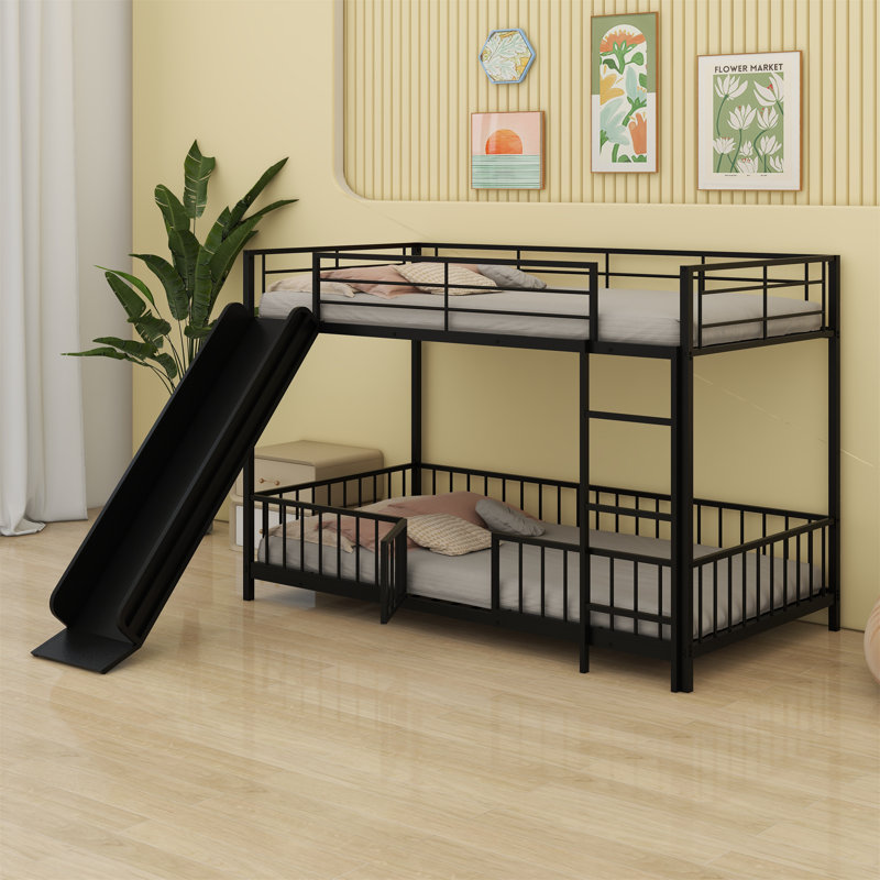 Metal Bunk Bed With Slide And Guardrails, Full Over Full, Black
