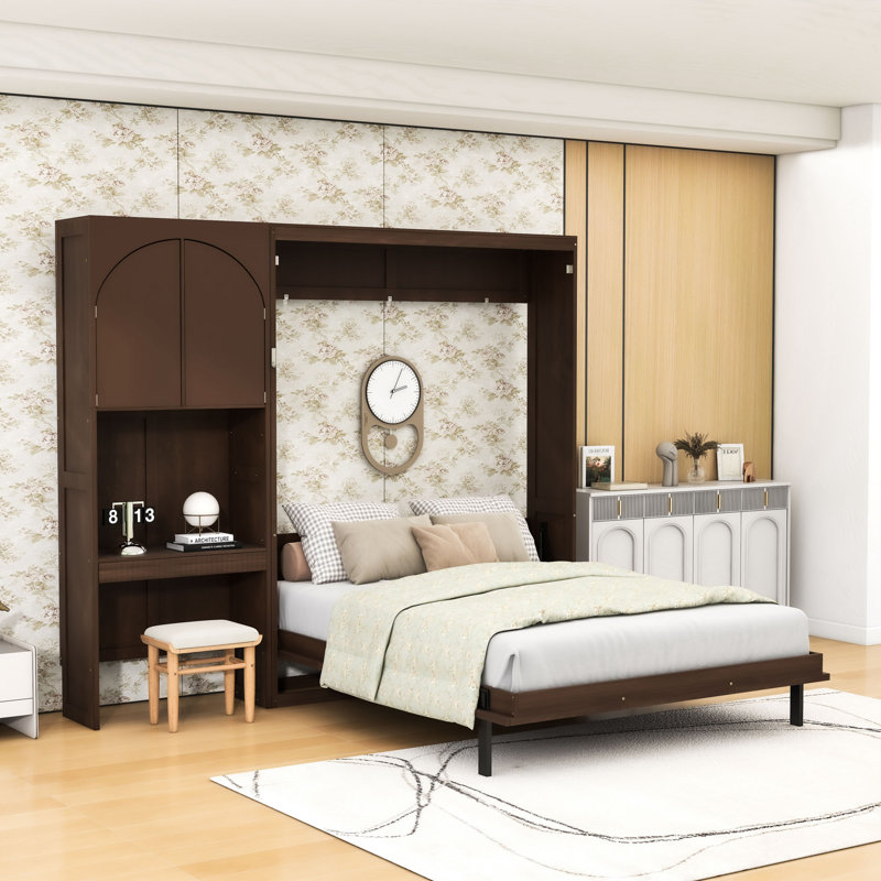 Grand lit escamotable avec armoire de rangement et éclairage DEL, Noyer