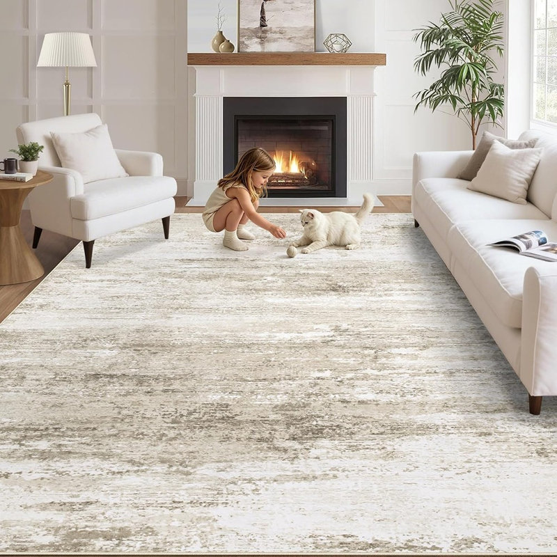 Tapis beige lavable abstrait, tapis doux antidérapant à faible épaisseur pour le salon et la chambre à coucher