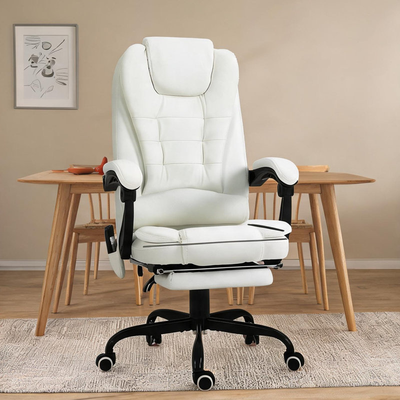 Fauteuil de bureau massant avec 7 points de vibration, dossier haut inclinable, repose-pieds rétractable, finition blanche, capacité de 135 kg