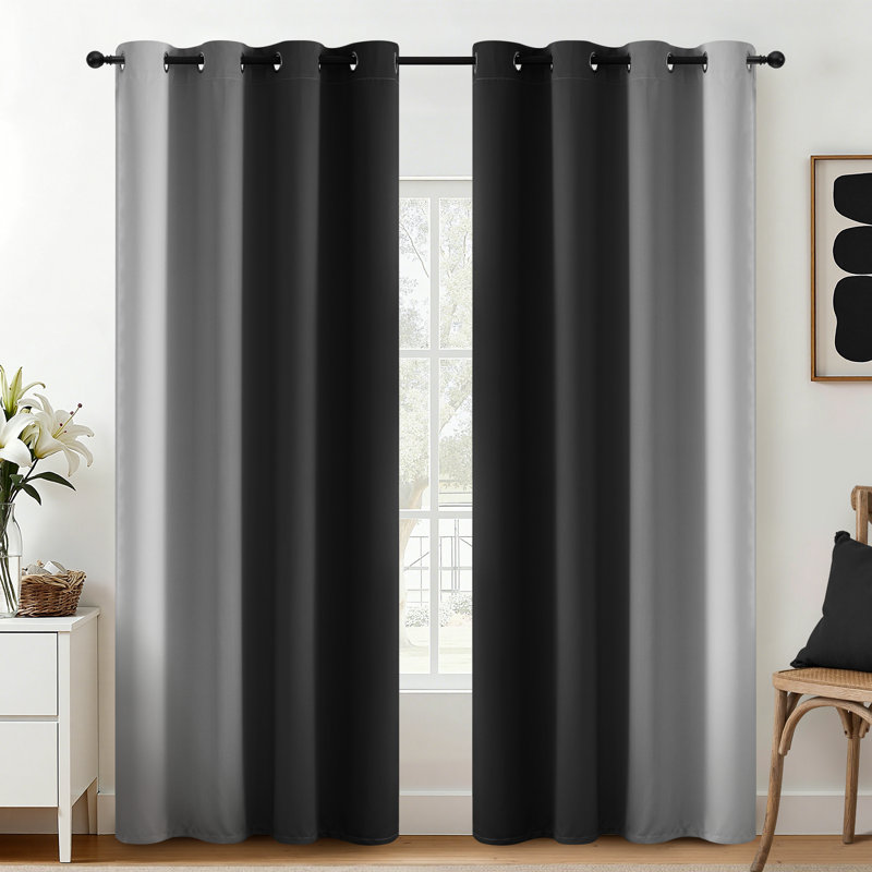 Ombre Black  Thermal Insulated Curtains, Grommet Top Gradient Window Drapes 2 Panels, Black/Grayish White, 52" W x 84" L