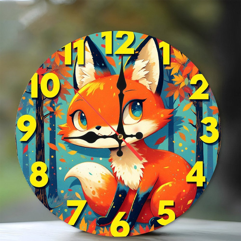 Mignonne horloge de renard, feuilles d'automne