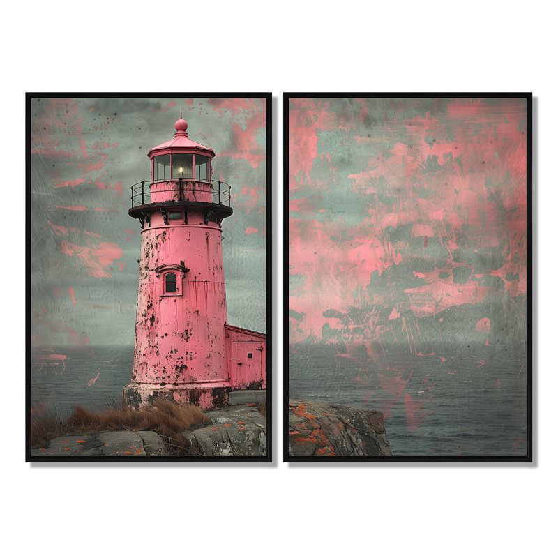 Rose et gris, phare rétro, art mural sur toile, 2 grands phares, H 36 po x l 48 po, Reproduction encadrée sans passe-partout